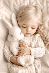 Adorable Little Girl with a baby doll and a rabbit doll, sleeping on a beige blanket, with a warm and cozy feel