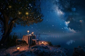 A romantic dinner for two set on a sandy beach, with a view of the starry night sky A candlelit dinner for two under a starry night sky