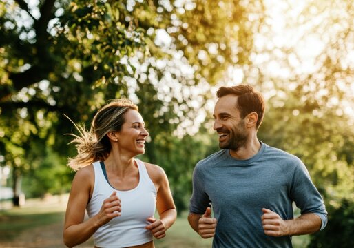 Young couple jogging and laughing together in a park, enjoying their healthy lifestyle
