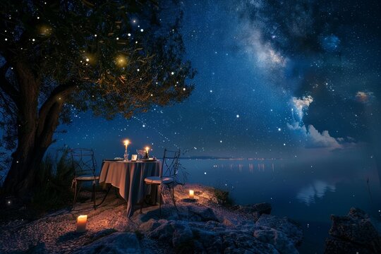 A romantic dinner for two set on a sandy beach, with a view of the starry night sky A candlelit dinner for two under a starry night sky - Powered by Adobe