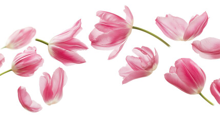 Pink tulip petals fly in a semicircle isolated on a white background