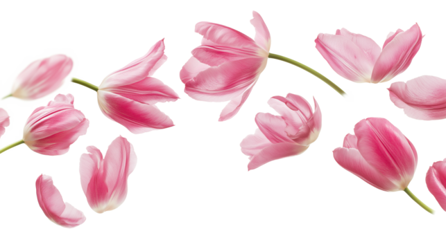 Pink tulip petals fly in a semicircle isolated on a white background