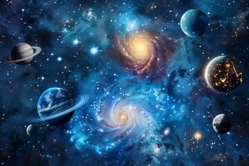 A large celestial body with a mottled surface, possibly a moon or planet, floats against a backdrop of twinkling stars and swirling nebulae A celestial backdrop of shimmering stars and planets