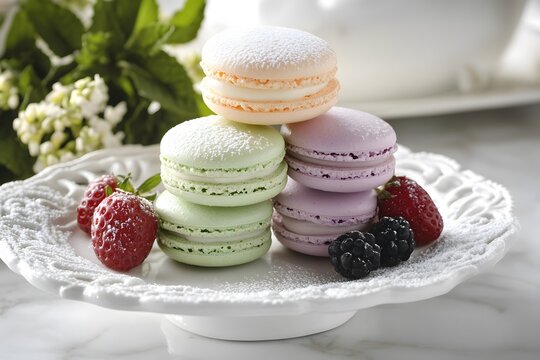 colorful macarons for dessert with powdered shugar and raspberries and blackberries around, representing French pastry, sweet treat and food photography