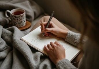 Woman is making notes in her diary while enjoying a cup of tea, comfortably seated on a cozy sofa