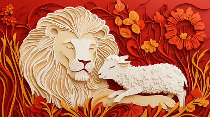 paper cut illustration of Lion of Judah and Lamb