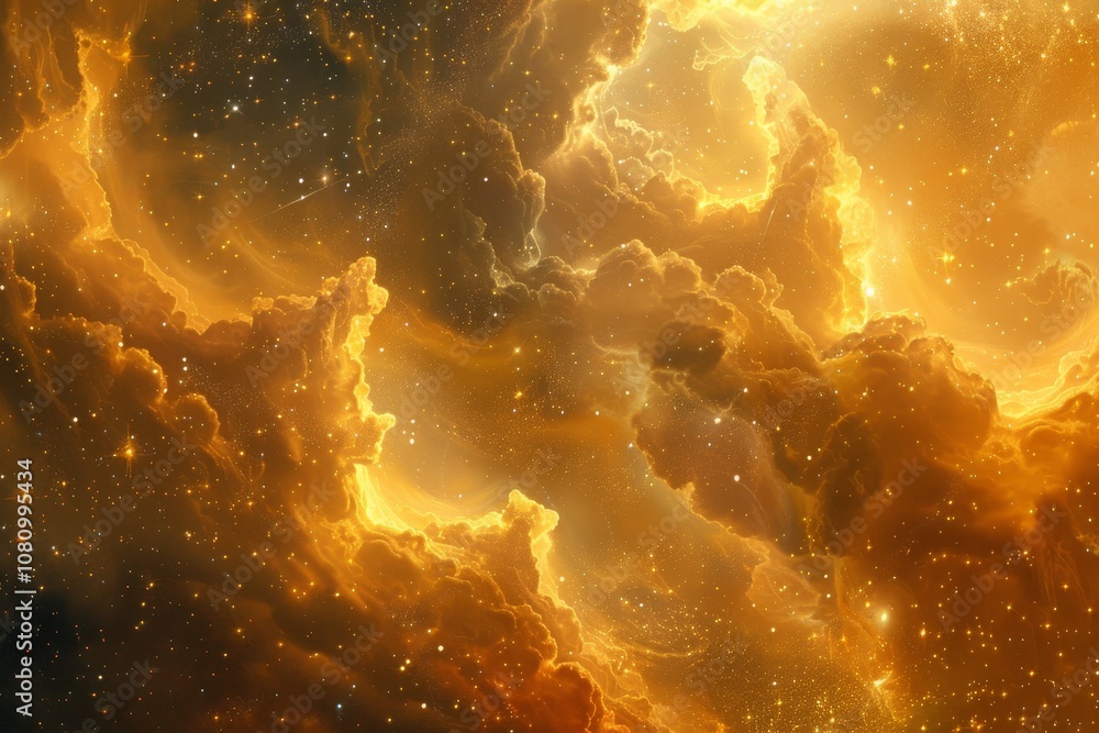 Poster a digital painting depicting a swirling galaxy with golden clouds and multiple planets a celestial s