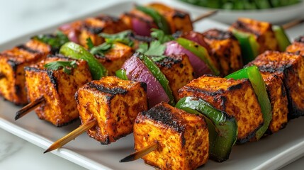 Grilled Indian tofu skewers with colorful vegetables served at a fusion restaurant in Amsterdam