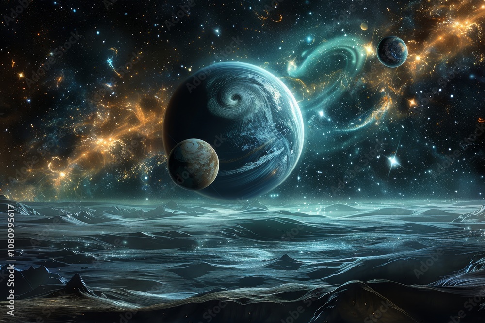 Poster a celestial scene with planets and moons orbiting in a vibrant galaxy a celestial scene with planets