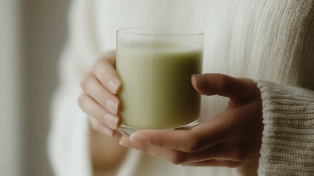 A woman in a white robe enjoys refreshing green juice at a serene spa, embracing relaxation and wellness during her rejuvenating experience