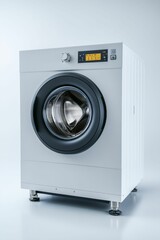 White washing machine with a round door.