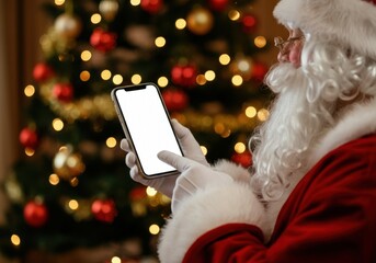 Santa claus browsing on a smartphone with an empty screen near decorated christmas tree