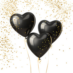 Heart-shaped black balloons with golden stars, festive celebration decor, elegant party vibe.