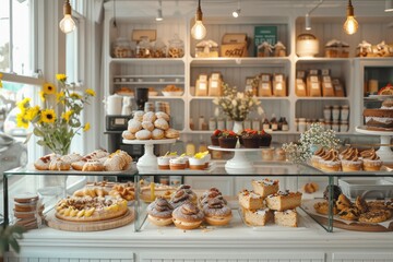 A charming bakery showcases an array of tempting pastries and cakes in a beautifully decorated setting A charming bakery with delicious pastries and cakes on display