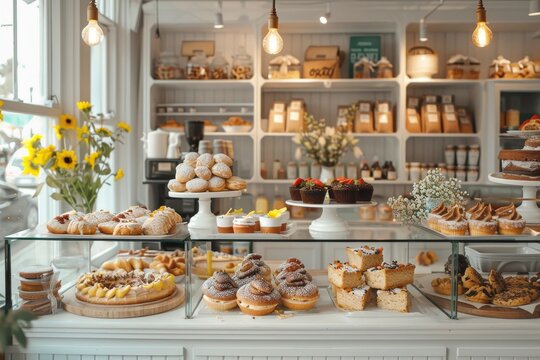 A charming bakery showcases an array of tempting pastries and cakes in a beautifully decorated setting A charming bakery with delicious pastries and cakes on display
