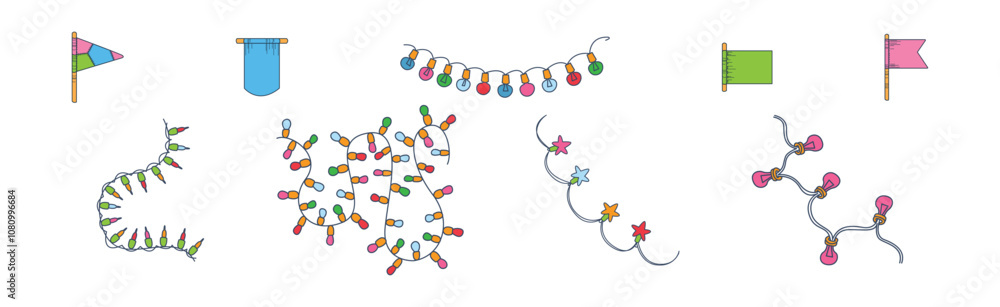 Poster colorful party flags and light garland of different shape vector set