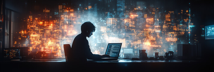 Silhouette of a computer programmer working at night in his home office with a digital city appearing from his laptop