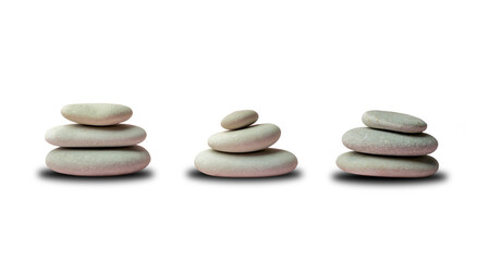 Balanced zen stones isolated. Relax stacked stones on empty white background. 