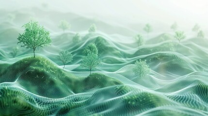 Abstract landscape with trees in a misty, flowing, green landscape.