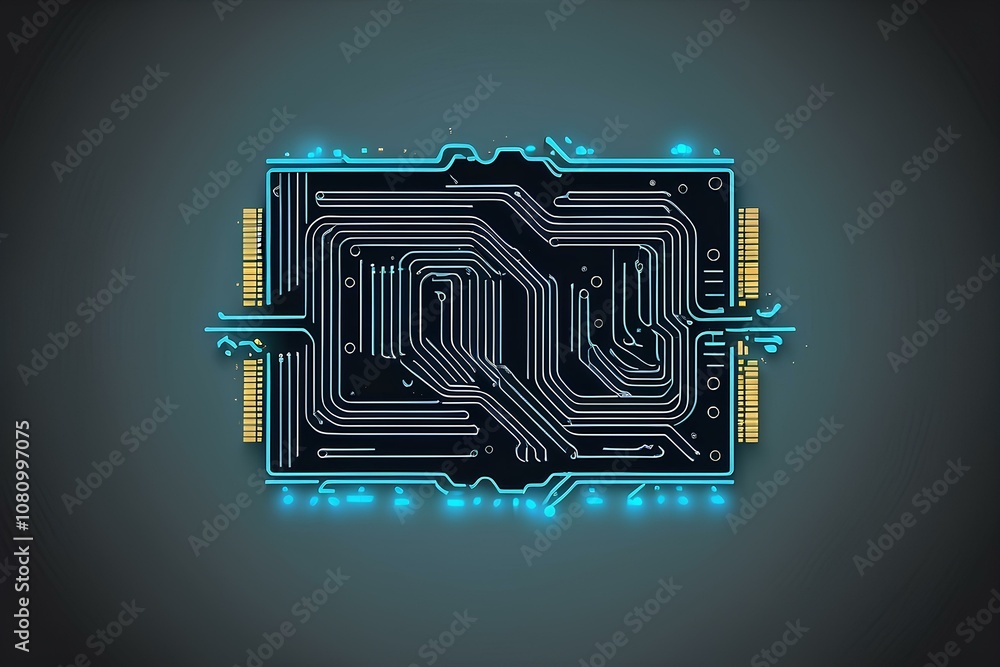 Aufkleber futuristic circuit board design in blue tones featuring a glowing microchip and intricate connection