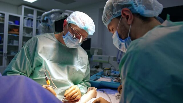Chief surgeon in surgical loupes uses modern tool device. Assisting medic applies metal instrument.