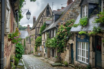 Fototapeta premium Cobblestone Street Winding Through a Charming European Village, A charming European village with cobblestone streets and ivy-covered buildings