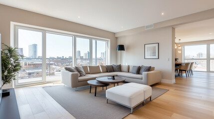 Fototapeta premium Elegant City View Apartment Featuring Modern Furnishings and Abundant Natural Light in a Spacious Layout