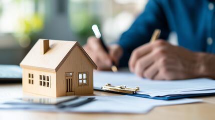 Fototapeta premium A Focused Real Estate Advisor Discusses Property Sale Options With Clients at a Desk Filled With Documents and a Miniature House Model
