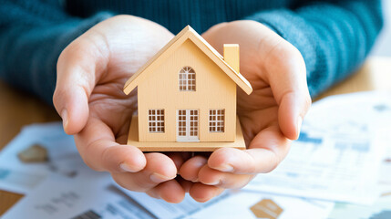 Hands Carefully Hold a Miniature House Model Over a Table Filled With Real Estate Documents Reflecting the Home Buying Journey