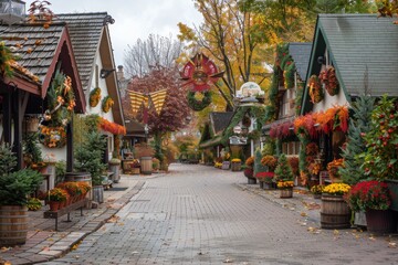 A picturesque village square with colorful flags hanging overhead and flowers in bloom A charming village square decorated with colorful fall banners and wreaths