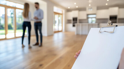 Couple Exploring a Newly Renovated Kitchen With a Real Estate Agent in an Open-Concept Home That Features Luxury Finishes