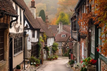 A picturesque village street with charming half-timbered houses, cobblestone streets, and a family strolling through A charming village with a family exploring quaint shops and historic landmarks