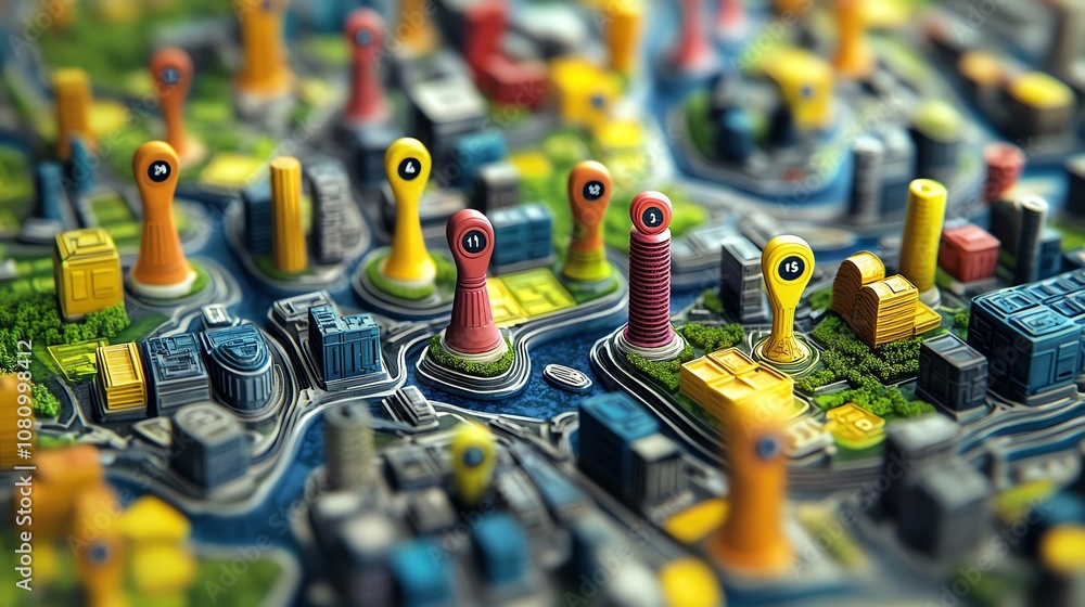Poster a close-up of a miniature city model with colorful pins marking various locations.