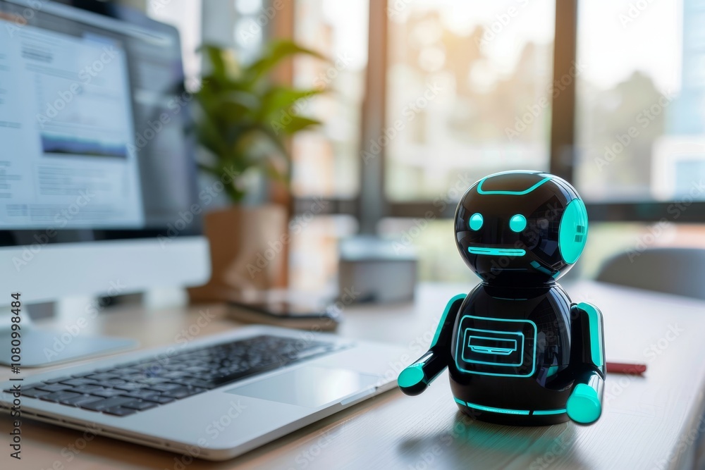 Poster a white chatbot sits at a desk, offering troubleshooting tips to a frustrated user, who is sitting a