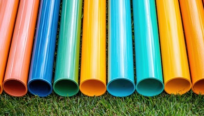 Boldly colored PVC pipes arranged outdoors, highlighting modern materials used for sustainable water and sewage management systems