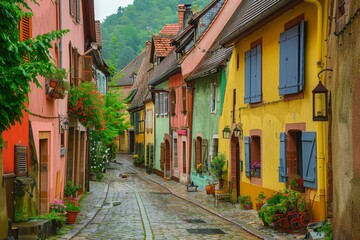 A woman is working on a computer while a robot assistant sits beside her A charming village with colorful houses and a cobblestone street