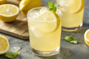 Fototapeta premium Refreshing lemonade glass with ice mint on table