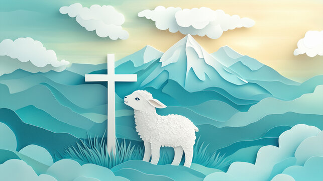 paper cut illustration of Lamb standing next to cross on Calvary hill	