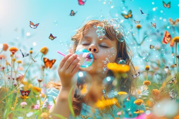 A young girl with curly blonde hair blows bubbles in a meadow filled with wildflowers and butterflies A child blowing bubbles in a meadow filled with butterflies