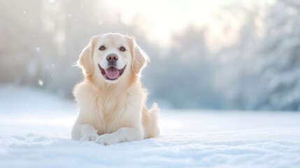 Happy dog enjoying a winter day in a snowy landscape with soft sunlight filtering through the trees