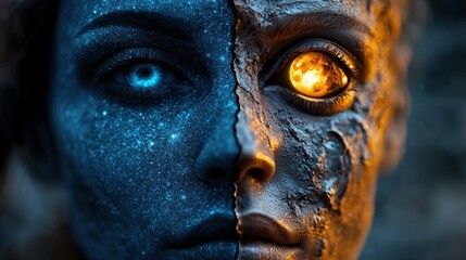 A striking face divided into two halves portraying the contrast of night and day, with one eye like a fiery sun, highlighting duality and intensity.