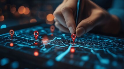 A person is drawing on a digital map with their, Technology gps location tracking on digital map