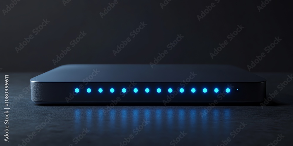 Poster a close-up shot of a network switch with blue lights on.