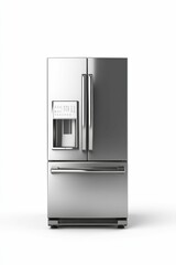 Stainless steel refrigerator with freezer on top.