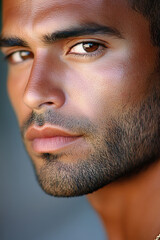 Obraz premium Close up of confident Hispanic man with intense gaze and natural beard