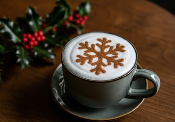 Grey cappuccino cup with a cinnamon snowflake design on milk foam, placed near holly leaves and red berries on a wooden table, perfect for christmas celebrations