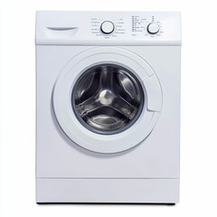 A white front-loading washing machine.