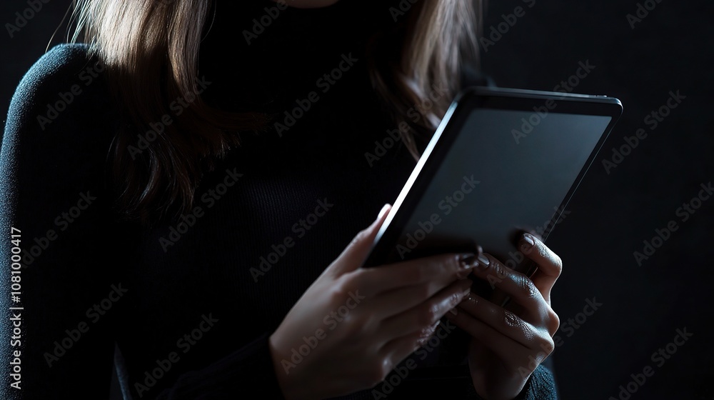 Poster young female professional working on a digital tablet in a dimly lit environment focusing on tasks a
