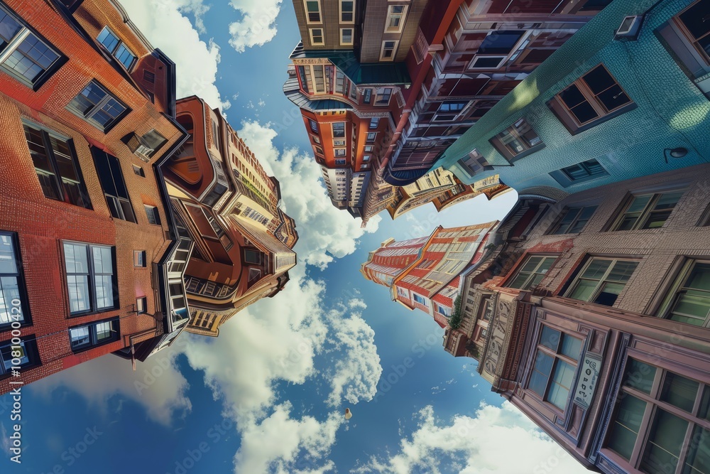Poster looking up at a city block where colorful buildings appear to defy gravity a city block filled with 