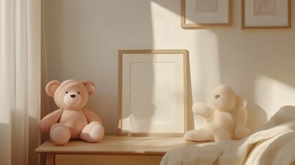 Teddy Bear and Stuffed Bunny on a Wooden Nightstand with a Blank Frame